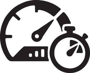 A speedometer gauge with the needle maxed out next to a stopwatch, symbolizing speed optimization, fast loading times, and efficiency, bold graphic style