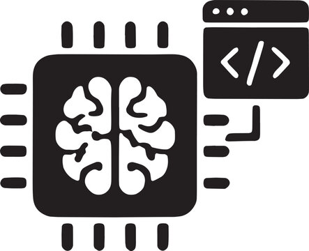 A microchip circuit forming a brain shape connected to a code block, representing artificial intelligence, machine learning, and automated coding, modern vector icon