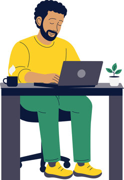 Man Working on Laptop at Office Desk Flat Vector Business Illustration