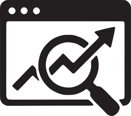 A web browser window with a rising graph arrow and a magnifying glass, symbolizing search engine optimization, ranking growth, and organic traffic, bold icon
