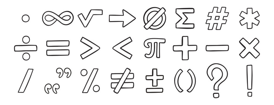 math symbols doodle hand drawn icon set. Outline drawing line clipart symbol collection