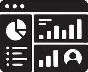 A dashboard layout with bar charts, pie graphs, and data lines, representing web analytics, metrics tracking, and business intelligence, clean vector style