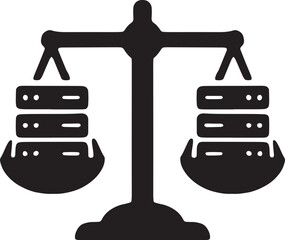 A balance scale holding two server stacks evenly, symbolizing load distribution, traffic management, and high availability systems, clean tech icon