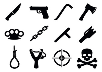 Fototapeta premium Silhouette icon set featuring weapons, tools, and dangerous symbols for crime and risk