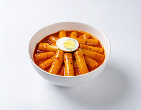음식-분식-떡볶이-한국음식-떡-고추장-그릇-삶은계란 반쪽-삶은계란 토핑-흰색 배경