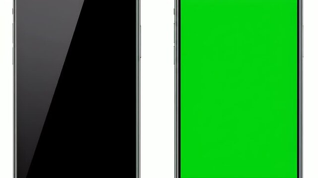 Two sleek smartphones, one displaying a black screen, the other a vibrant green