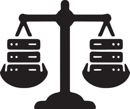 A balance scale holding two server stacks evenly, symbolizing load distribution, traffic management, and high availability systems, clean tech icon
