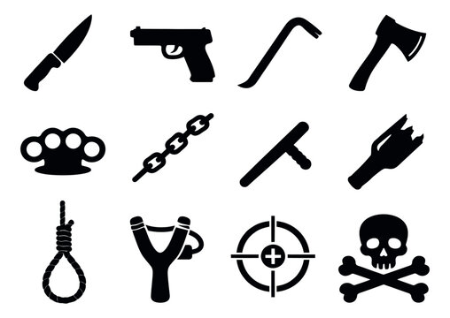 Silhouette icon set featuring weapons, tools, and dangerous symbols for crime and risk