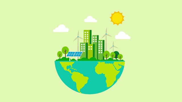Looping flat animation of sustainable green city on Earth