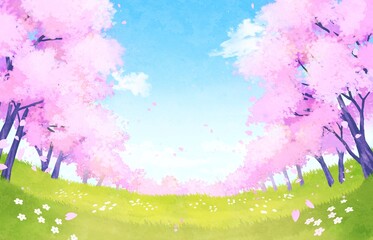 桜が咲く野原の背景イラスト　春