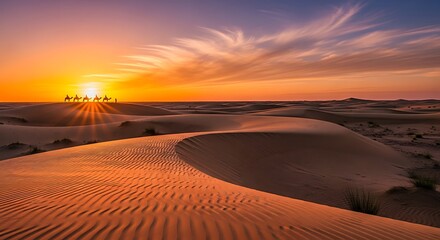 Naklejka premium Camel riders traversing serene desert landscape at sunset