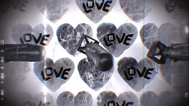 A looping background of stop motion style grungy paper love hearts with multiple spinning atom bombs.