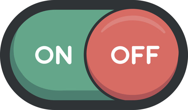 Flat green and red on off toggle switch with white text in a black border desig
