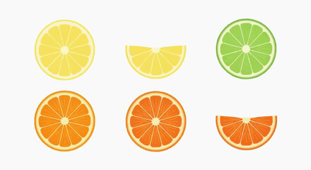 Fototapeta premium Various citrus fruit slices including lemons, limes, and oranges arranged in a 2x3 grid on a white background