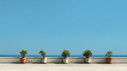 Obraz premium Row of potted plants on balcony overlooking serene horizon with bright blue sky and calm sea, creating a tranquil outdoor living space