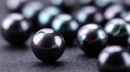 Close-up of shiny black pearls on textured surface