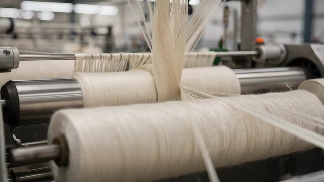 Medium shot showcasing yarn doubling and twisting process creating knitting yarn highlighting soft fibers intertwining smoothly on automated equipment.