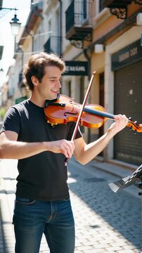 Young man playing violin outdoors on a sunny street, showcasing musical talent and joy with vibrant brick buildings in the background