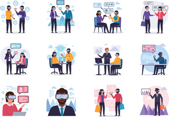 People wearing virtual reality goggles working in metaverse office environment with digital interfaces for business meeting and online collaboration.