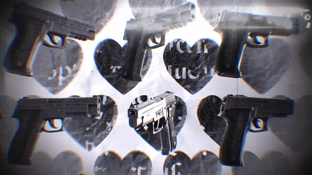 A looping background of stop motion style grungy paper love hearts with multiple spinning hand guns.