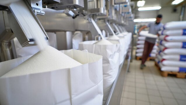 Sugar is being dispensed from large containers into bags in a factory. Industrial sugar processing and packaging.