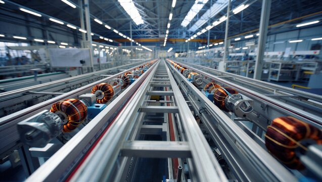 An industrial production line featuring copper coils on a conveyor system in a large factory setting. Manufacturing and assembly process.