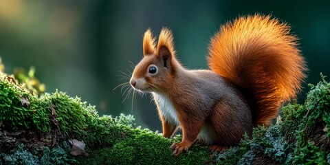 Obraz premium Red squirrel perched on moss-covered branch in morning light near forest floor