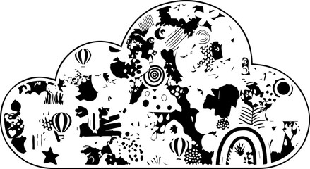 Vibrant Multi-Colored Cloud Collage Featuring Rainbow Moon Stars and Heart Icons on White