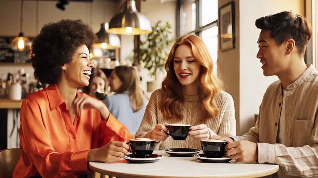 Three diverse friends, two women and one man, share genuine laughter and joyful moments over coffee in a bright, inviting cafe.