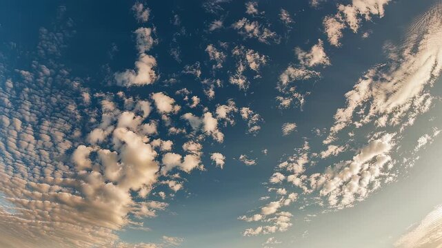 A wide-angle view of a partly cloudy sky, featuring patches of puffy clouds and a blue backdrop