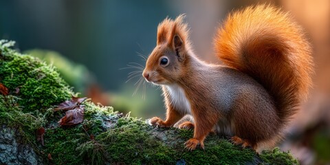 Obraz premium Red squirrel on moss-covered oak branch in natural forest setting during morning light