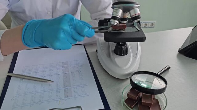 Testing chocolate samples for quality assessment in a lab setting with tools and documents