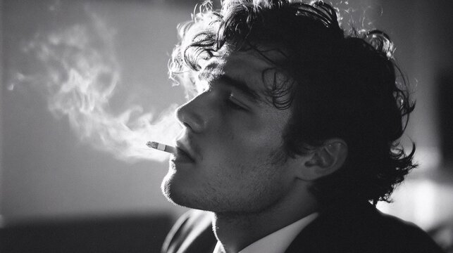 Black and White Portrait of a Man Smoking with Dramatic Side Lighting