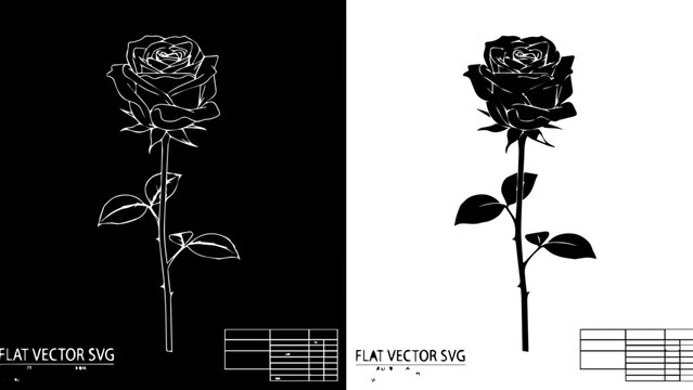 Elegant rose flower line art and solid silhouette, minimalist flat vector illustration on split dark and light blue background