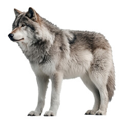 Fototapeta premium North American grey wolf stands in wildlife habitat on March 3rd for animal preservation and ecological awareness