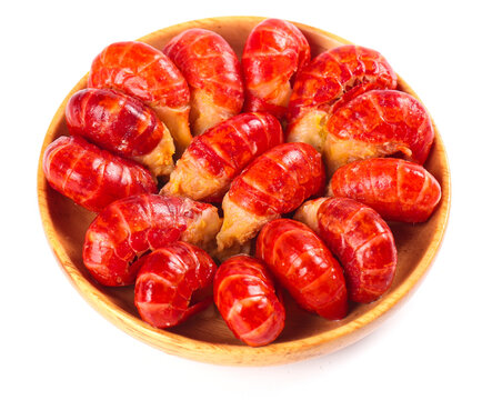 Fresh Red Crayfish Tails in Wooden Bowl