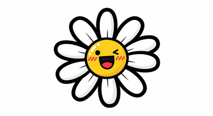 Obraz premium An adorable and cheerful cartoon daisy flower illustration with a winking happy face, bringing a bright and joyful touch to any design project