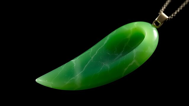 siderite. A slender green jade pendant shaped like a silique on a dark background. event programs, museum guides, designed for cultural heritage projects and event programs, used by fitness trainers.