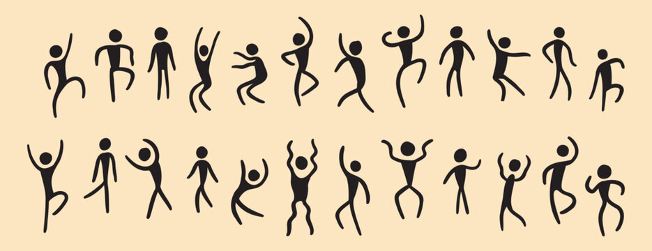 people figures african tribe hand drawn dancing people silhouette. primitive naive style of art. set of doodle people move.