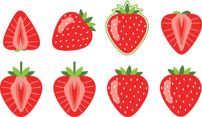 Strawberry fruit illustration set featuring whole and sliced berries, fresh red summer food vector icons in flat design style isolated on white background
