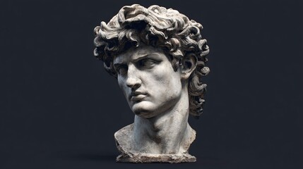 Obraz premium Detailed artistic sculpture of classical male head with curly hair on dark background