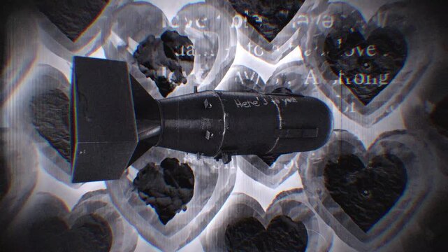 A looping background of stop motion style grungy paper love hearts with spinning atom bomb.