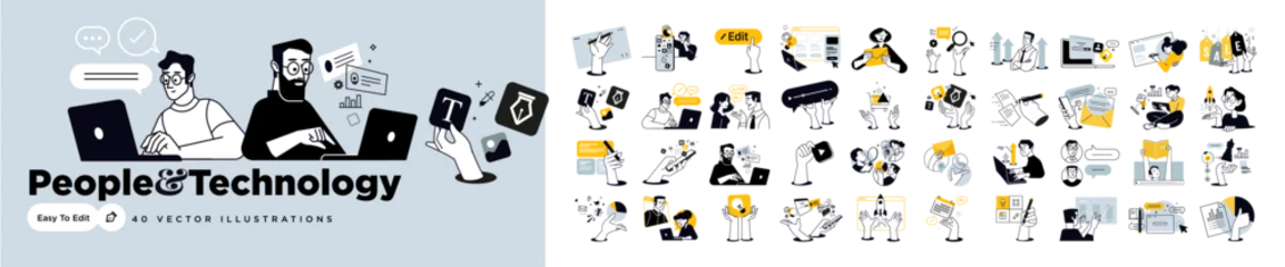 Fotobehang Karaktertjes People and technology. Creative vector illustrations of business planning and strategy, management, startup, ecommerce, communication, web design and development, data analytics, social media and mark  © PureSolution