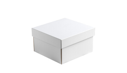 Fototapeta premium Simple white square gift box with lid, isolated on a transparent background, studio shot, A clean, minimalist white box with its lid slightly ajar perfect for packaging or gifting concepts