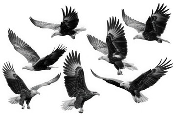 Obraz premium Group of birds flying in a dynamic formation against a white background