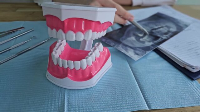 Dental model showing teeth examination with tools and x-ray on table