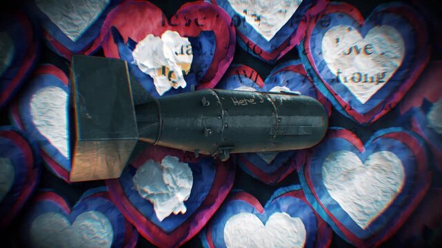A looping background of stop motion style grungy paper love hearts with spinning atom bomb.