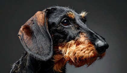 Close-up of a wire-haired dog's face, against a grey background