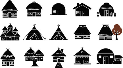 Traditional house icon set, indigenous architecture silhouettes, black vector design, cultural dwelling types, teepee hut dome stilt house, anthropology illustration elements © Monjurul Creatives