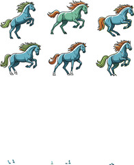 Obraz premium Running horse character pose set with colorful cartoon animal illustrations showing dynamic motion and energetic action isolated on white background vector collection